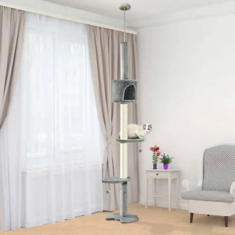 Ceiling-Fit Cat Tower with Den and Toy Balls – Light Grey, 225–255cm