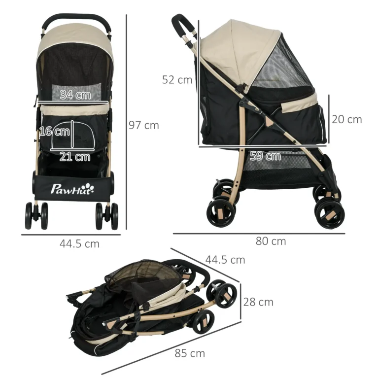 Folding Small-Pet Stroller with Rain Cover – Khaki, 15kg
