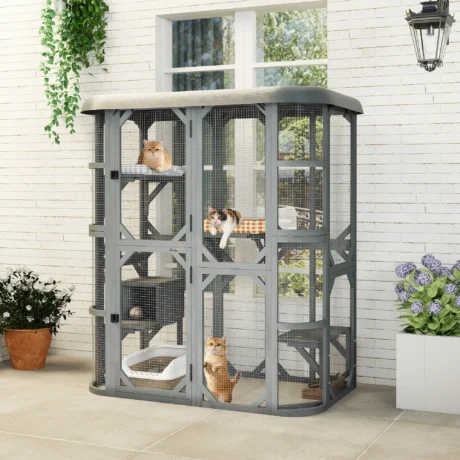 Walk-In Wooden Catio with Den and Platforms – Grey