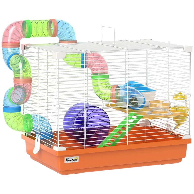 2-Tier Hamster Cage with Wheels and Tunnel Dwarf – Orange and white 2-Tier Hamster Cage with Wheels and Tunnel Dwarf – Orange and white
