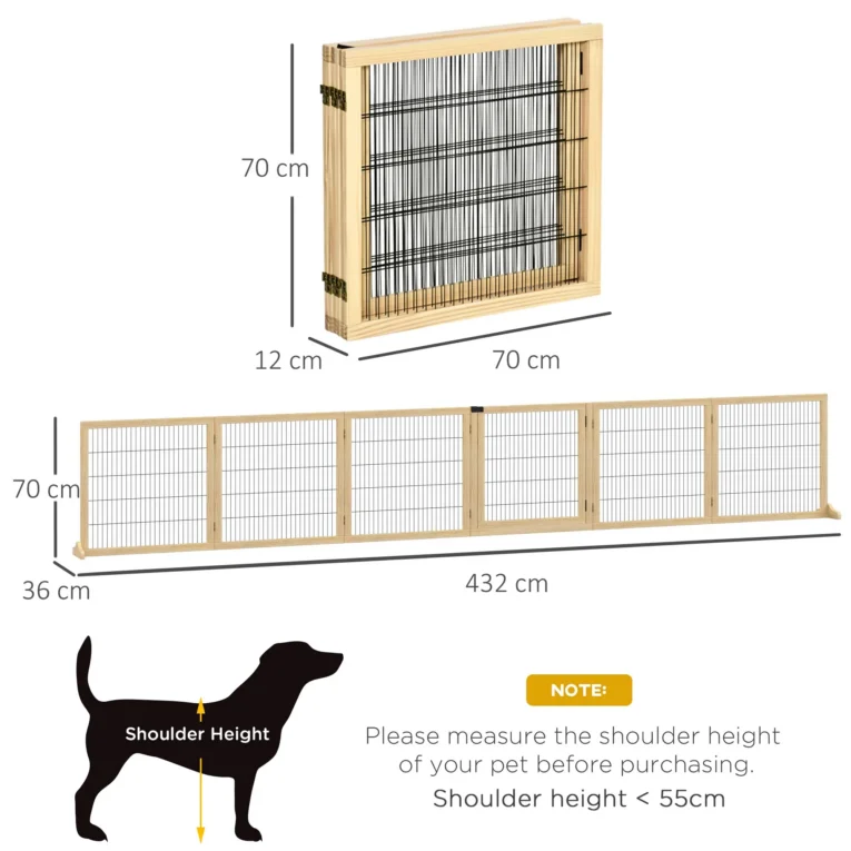 Six-Panel Freestanding Wooden Pet Gate – Natural, 70cm