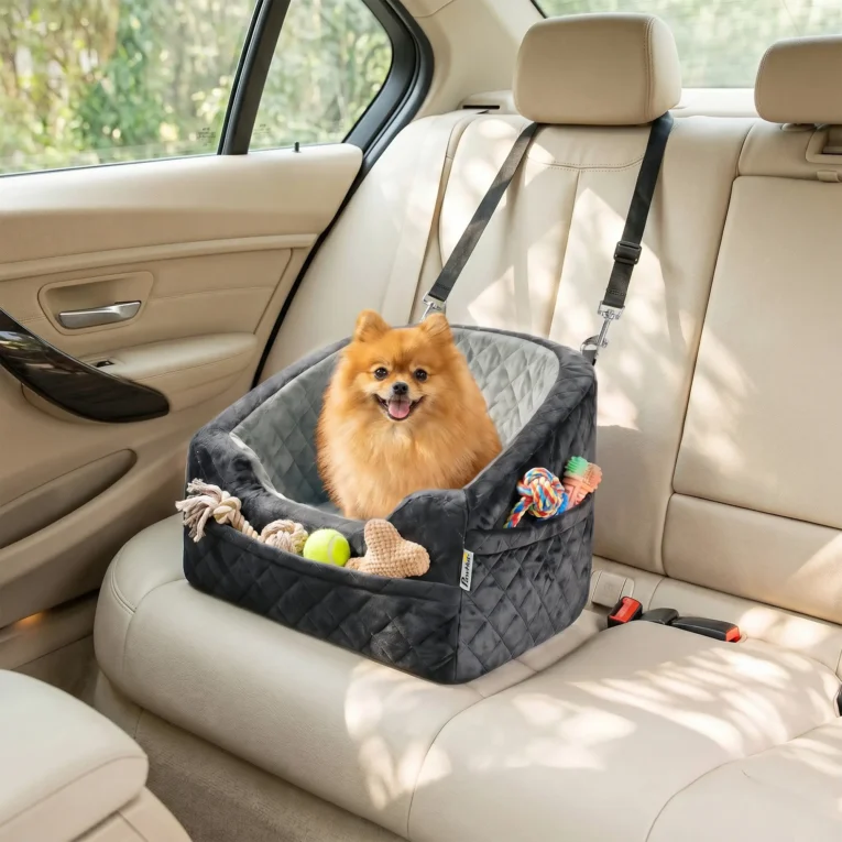 Padded Dog Car Booster Seat with Storage Pockets – Grey, 50cm Padded Dog Car Booster Seat with Storage Pockets – Grey, 50cm