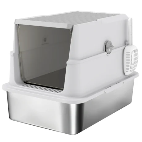 XL Steel Cat Litter Box with Front and Top Access – Light Grey