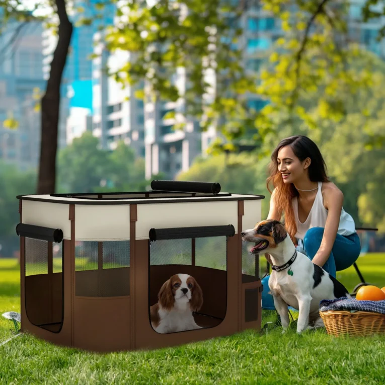Foldable Dog Pen Portable Indoor/Outdoor – Brown, cream white and black