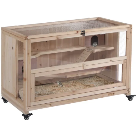 Three-Level Wooden Rodent Enclosure with Wheels and Tray &ndash; Natural, 99cm