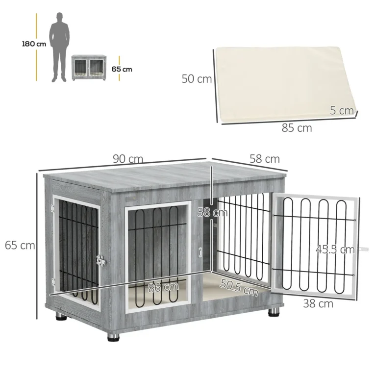 Dog Crate Furniture Table with Cushion and Doors – Grey, white and black