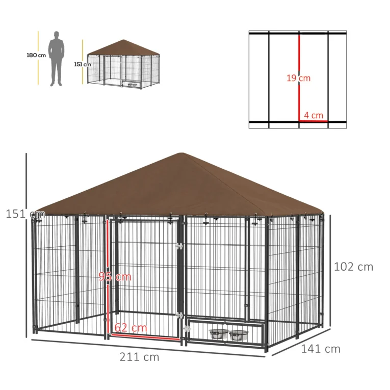 Outdoor Dog Enclosure with Canopy and Rotating Bowls – Brown, 211cm