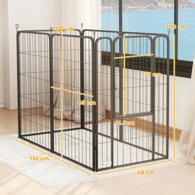 Six-Panel Steel Dog Playpen with Gate – Black, 100 × 68cm Panels