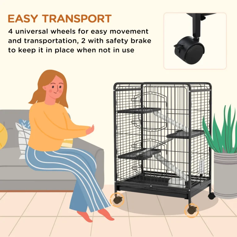 Four-Level Small Animal Cage with Wheels and Removable Tray – Black