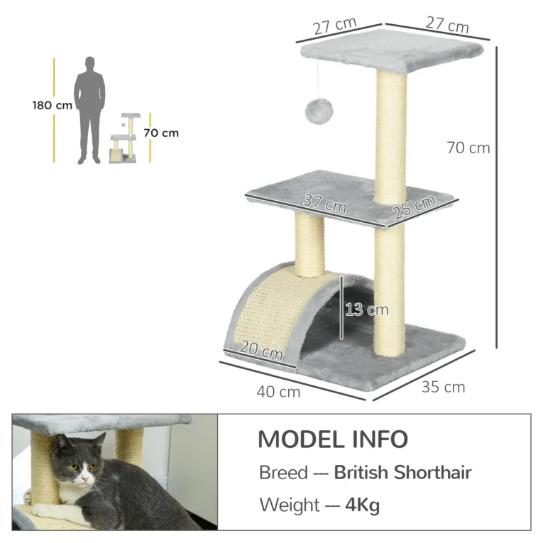 Cat Tower with Arched Scratch Pad – Light Grey, 72cm