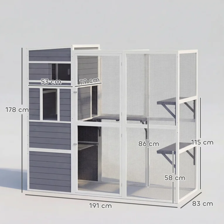 Wooden Outdoor Catio with Sheltered Rooms – Grey, 191cm Wooden Outdoor Catio with Sheltered Rooms – Grey, 191cm