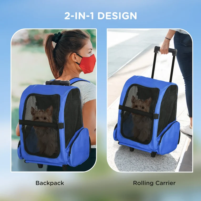 Pet Backpack and Wheeled Trolley Carrier – Blue, 4kg