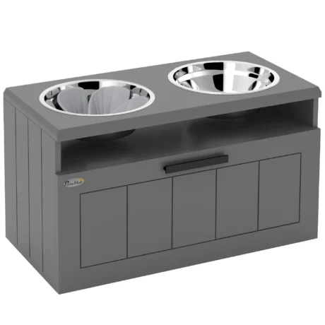Raised Double Dog Feeding Station with Drawer &ndash; Grey, 2L Bowls