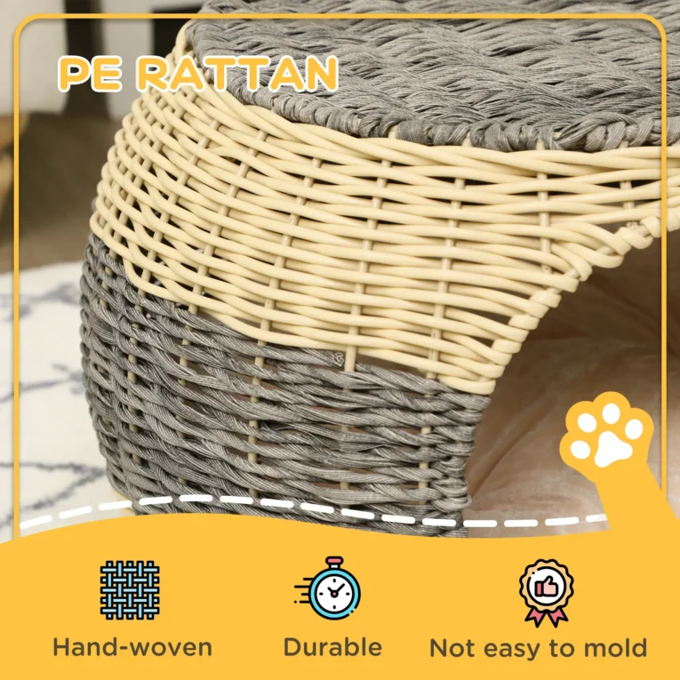 Round Rattan-Effect Cat Cave with Cushion – Beige, 40cm