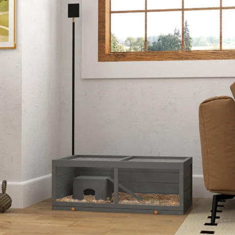 Wooden Rodent Enclosure with Hut and Sliding Tray &ndash; Grey, 100cm &ndash; detail 2