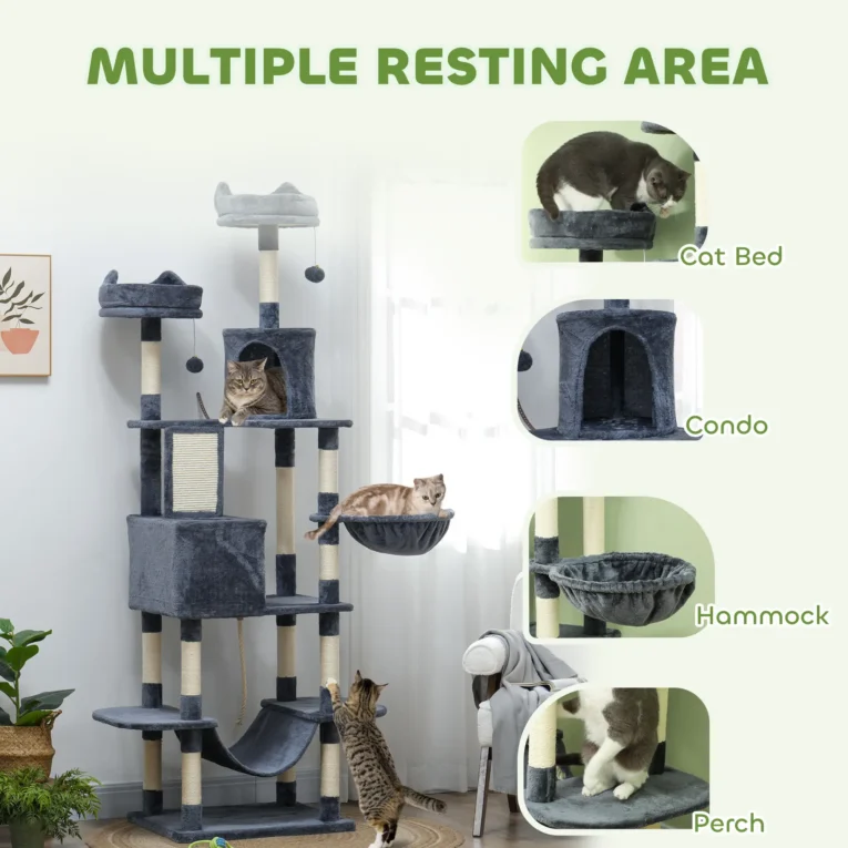 Multi-Level Cat Tower with Dens and Scratching Board – Dark Grey, 206cm Multi-Level Cat Tower with Dens and Scratching Board – Dark Grey, 206cm