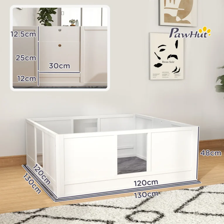 Wooden Dog Whelping Box with Acrylic Panels and Pad – White, 124cm