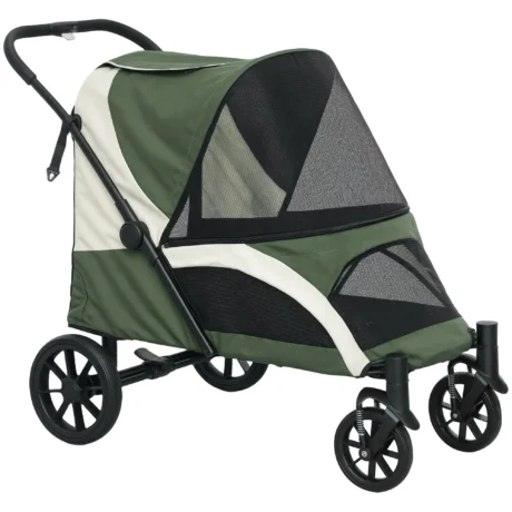 Large Folding Dog Stroller with Four Wheels – Dark Green, 25kg