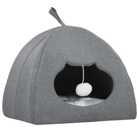 Soft Cat Cave with Cushion and Hanging Toy – Grey, 42cm