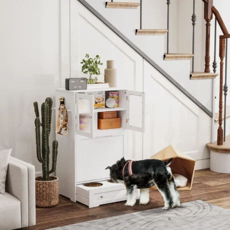 Tall Pet Feeding Cabinet with Hidden Bowls – White, 100cm