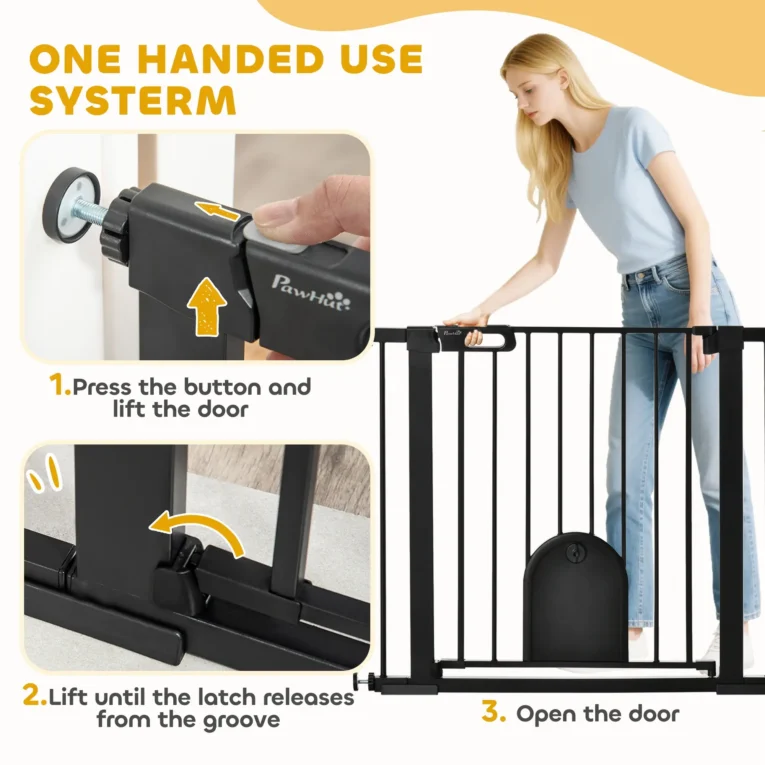 Dog Gate with Cat Flap and Two Extensions – Black, 75–103cm Dog Gate with Cat Flap and Two Extensions – Black, 75–103cm