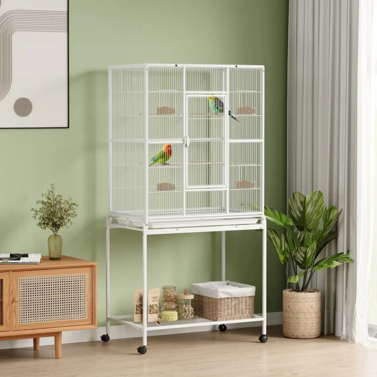 Large Bird Cage with Stand and Shelf 81x48x162.5cm – White