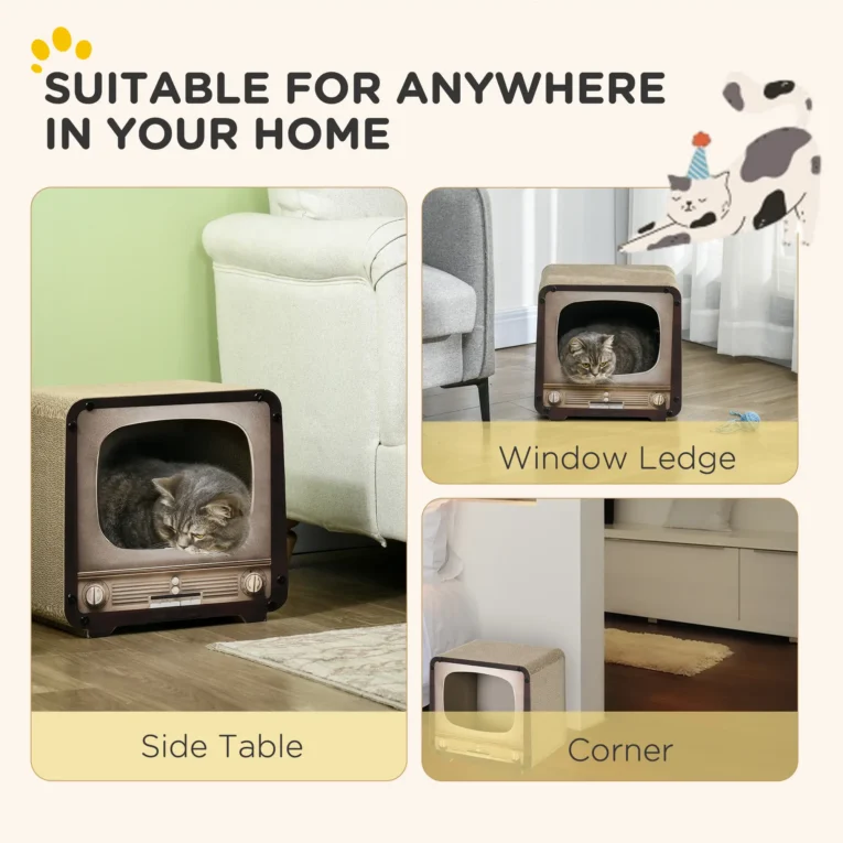 Television-Style Cardboard Cat House with Scratcher – Brown