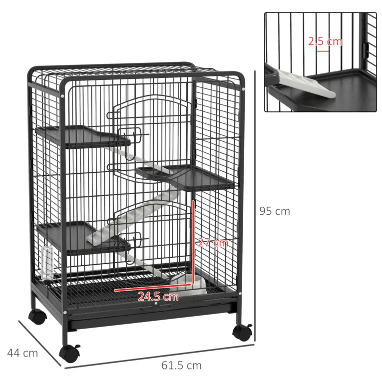 Four-Level Small Animal Cage with Wheels and Removable Tray – Black