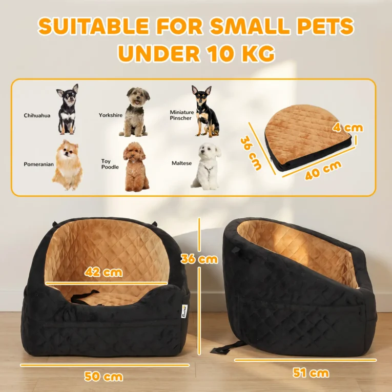 Cushioned Dog Car Booster Seat with Pockets – Brown, 50cm