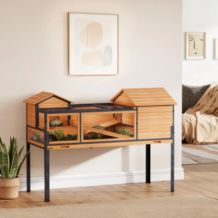 Raised Wooden Tortoise Table with Shelters and Tray – Yellow, 128cm Raised Wooden Tortoise Table with Shelters and Tray – Yellow, 128cm