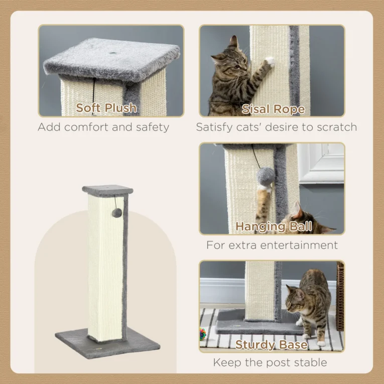 Tall Sisal Cat Scratching Column with Toy – Grey, 81cm