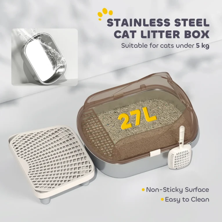 High-Sided Steel Cat Litter Tray with Step – Charcoal, 52cm