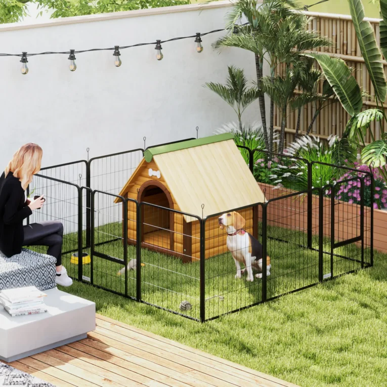 Twelve-Panel Steel Dog Playpen with Two Gates – Black, 80cm High
