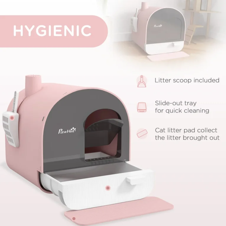 Hooded Cat Litter Box with Flap and Scoop – Pink