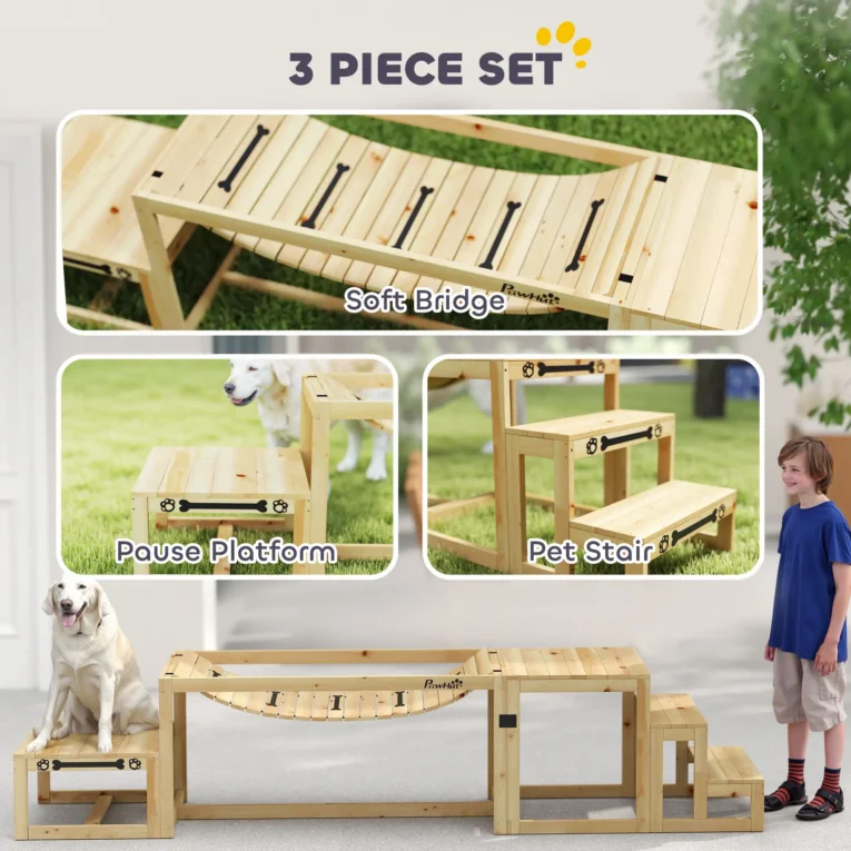 Three-Piece Wooden Dog Agility Set with Bridge and Steps