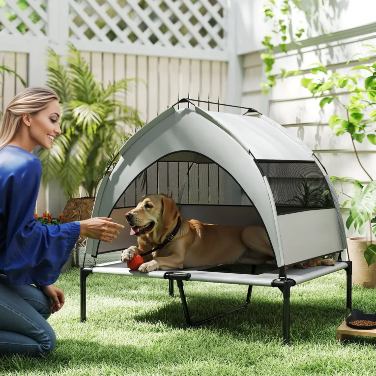 Raised Dog Cot with Removable Sun Canopy – Grey, 92cm Raised Dog Cot with Removable Sun Canopy – Grey, 92cm