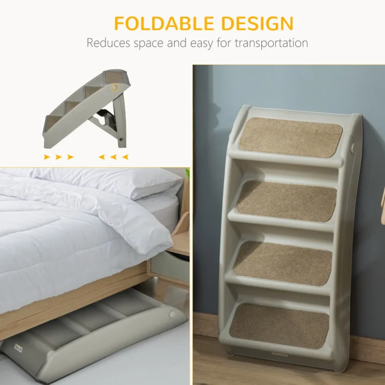 Folding Four-Step Pet Stairs with Carpet Treads – Grey