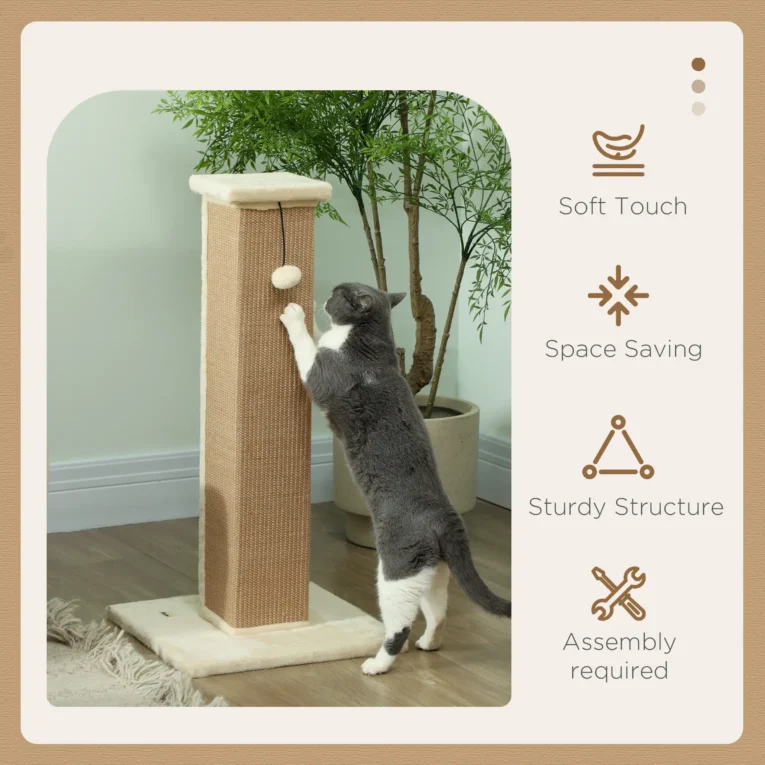 Tall Jute Cat Scratching Column with Toy – Beige, 81cm