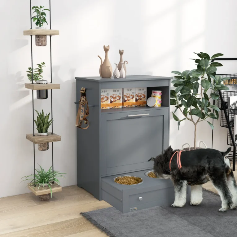 Pet Feeding Cabinet with Pull-Out Bowls – Grey Pet Feeding Cabinet with Pull-Out Bowls – Grey