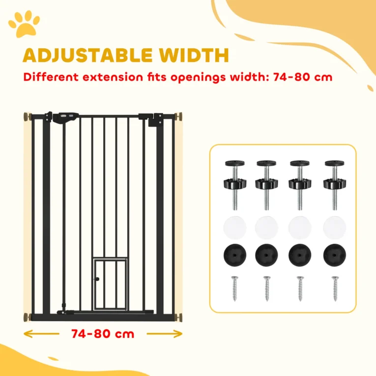 Extra-Tall Pet Gate with Cat Door – Black, 74–80cm