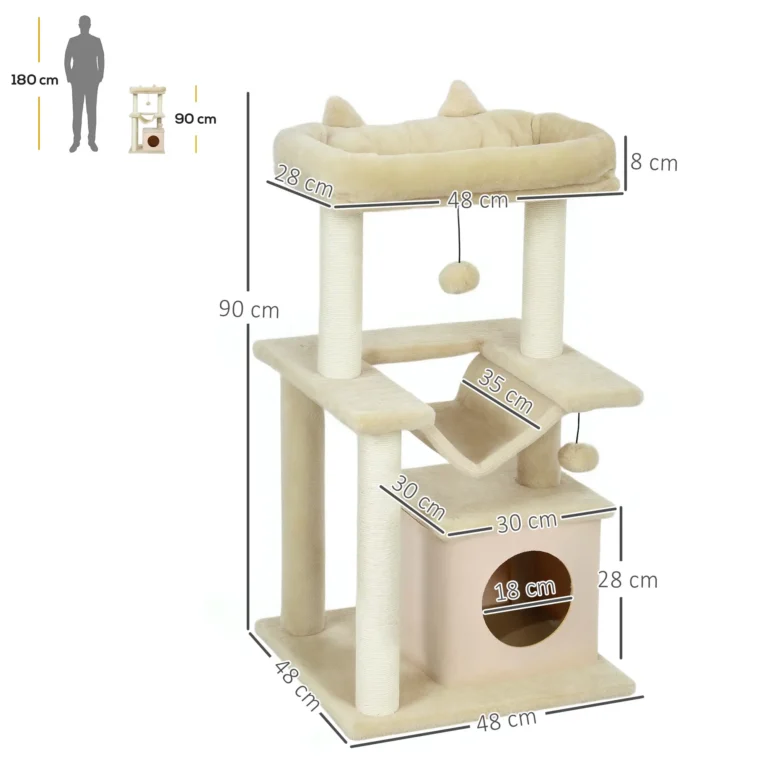 Cat Tower with Den, Hammock and Top Bed – Beige, 90cm Cat Tower with Den, Hammock and Top Bed – Beige, 90cm