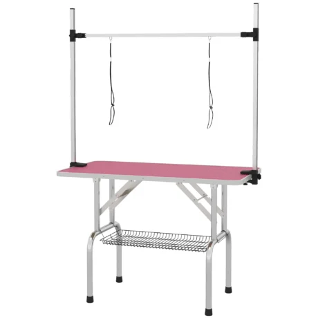 Folding Dog Grooming Table with Adjustable Arm – Pink, 107cm