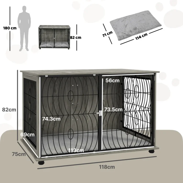 XL Dog Crate End Table with Cushion – Grey Wood Effect, 118cm