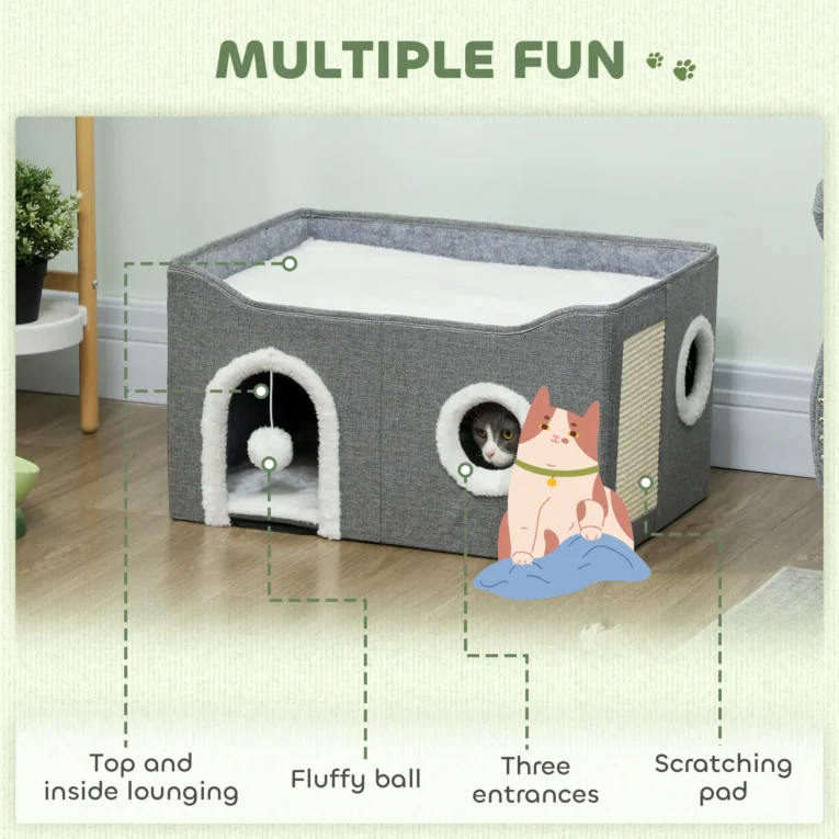 Folding Cat House with Top Bed and Sisal Pad – Grey, 60cm Folding Cat House with Top Bed and Sisal Pad – Grey, 60cm