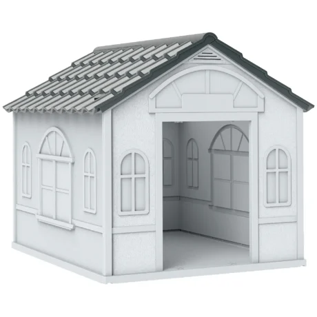 Plastic Outdoor Dog Kennel with Sloped Roof – Grey