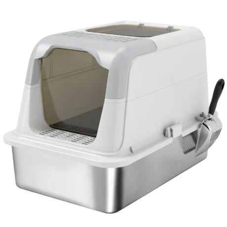 XL Enclosed Steel Cat Litter Box with Top Exit – White, 60cm