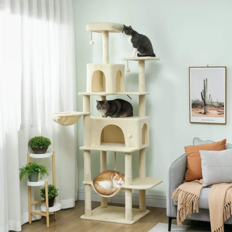 Tall Cat Tower with Two Dens and Hammocks – Beige, 202cm