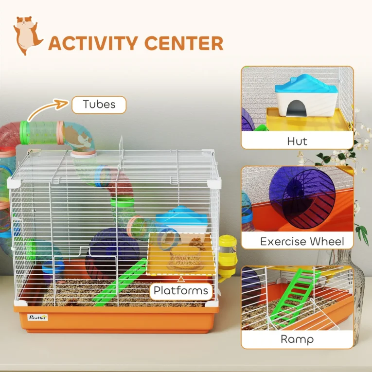 2-Tier Hamster Cage with Wheels and Tunnel Dwarf – Orange and white 2-Tier Hamster Cage with Wheels and Tunnel Dwarf – Orange and white