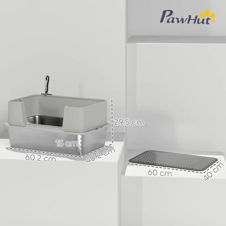 High-Sided Steel Litter Tray with Scoop and Mat – Grey, 60cm