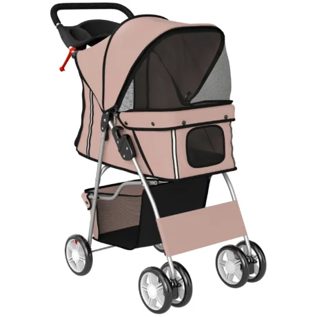 Folding Pet Stroller with Storage Basket – Brown, 10kg